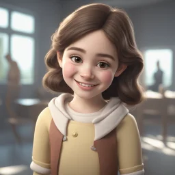 a portrait of smiling girl. carricature. cute. adorable. dark brown hair. medium layers hair. fair skin. dark brown eye pupils. small nose. heart face shape. pixar style. 3D. 4k. portrait. highly detailed. sharp focus. high resolution. full color. cinema lighting