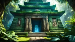 A magical portal leading to a hidden world temple mayan in jungle where all the "missing episodes" unfold. Creatures, characters, and scenes from these unseen adventures peek out from the portal, inviting viewers into the mystical tales. highly detailed eyes and hands and lips, HDR, 8K, ultra detailed, High quality