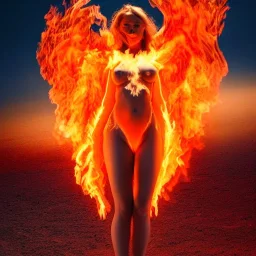 woman made of fire, fire angel, full body portrait, long flowing hair, only wearing bikini made of fire, highly detailed, real life photo, photo quality, extremely detailed, high quality, standing in fire, highly detailed, lots of fire around, fire background