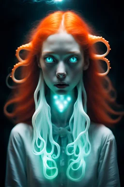feral ginger girl squid ghost with a weird optical illusion glowing and shining