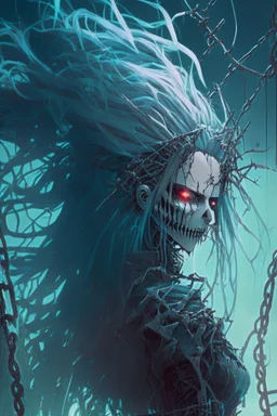 female lich with barbed wire as hair, anime style, depth of field, nvidia graphics, lightrays, trending art, movie poster