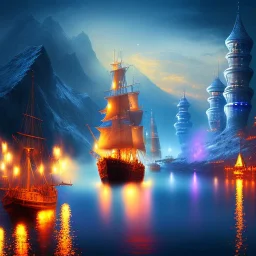 Fantasy city, cove, dock, night, ships, large