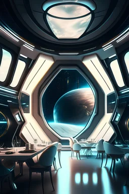 10k hyper realistic detailed luxury futuristic restaurant inside orbital space station, sci Fi, glass paneling