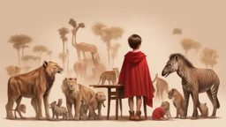 A young girl with short brown hair, wearing a red cape, sitting on a wooden chair, facing away and looking at a group of animals which includes a giraffe, elephant, lion, cheetah, tiger, zebra, and an ostrich, all rendered in a beige and brown color palette with a plain background.