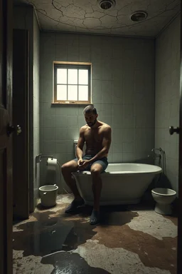 "A very old paints cracked dirty abandoned bathroom with dirty a man setting on a toilet seat smoking aside, and tub and dirty water on the floor,insanely detailed octane render trending on artstation, 8k artistic photography, photorealistic concept art, soft natural volumetric cinematic perfect light, chiaroscuro, award-winning photograph, masterpiece, oil on canvas, Raphael, Caravaggio, Greg Rutkowski, people, beksinski, Giger