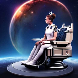 centered portrait of small female soldier sitting on throne having her hair cut, wearing no helmet, by a starship window with a view to the milky way, hi detail, movie poster