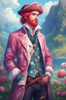 kind sailor, man, red slightly curly hair, long jacket, pink-azure clothes, pink-azure cocked hat in cold colors, white floral pattern on jacket, flower in hair, pirate, stardew, valley style