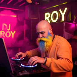 A DJ performing at dance club, his name DJ ROY and looks crazy, bald with crazy blue yellow beard. Neon lights and smog, DJ ROY SIGN ON WALL