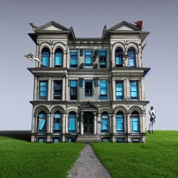 Distorted depiction on the building, highly detailed, overgrown, building, old, 3d, concept art