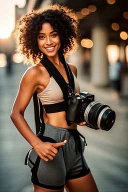 A realistic selfie-style self-portrait of a confident influencer aged 18-37 in an urban setting, dressed in trendy sportswear or beachwear to showcase her slender figure. Her creative curly black hair shines under softbox lighting accentuating her flawless skin. The vintage camera shot with a macro lens introduces a charming bokeh effect. Every detail, from her complexion to body contour, is outlined for a high-quality image –ar 4:5 –testp –upbeta –octane.