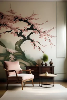 Bring the elegance of the Edo period in Japan to life with a handpainted mural featuring cherry blossoms, plum blossoms, and traditional Japanese garden elements. Employ a delicate and restrained color palette.