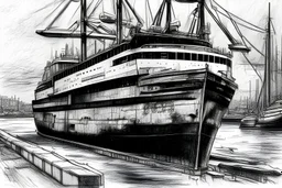 Piraeus, freight harbour, pencil sketch, highly detailed