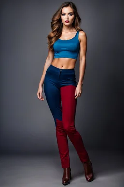 fullbody shot of young-beautiful-german girl-with-a-perfect-face-with-make-up-wearing- blue top and dark red pants standing , prophesional photography studio