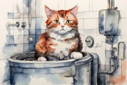 Cat on the boiler in the bathroom, watercolor and ink