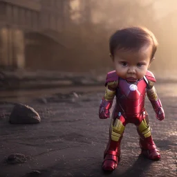 Iron man toddler, real, full body, tokio background, dramatic lighting, hyper realistic, 8k