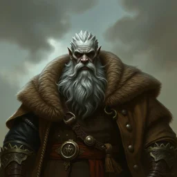 A large grey-skinned goliath nobleman with a heavy coat renaissance fantasy grimdark realistic