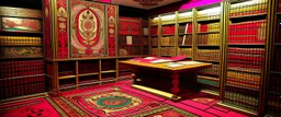 A magenta psychic's library designed in Bayeux tapestry painted by Giovanni Battista Sassi