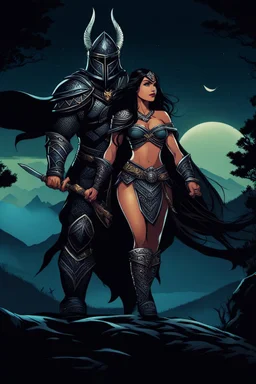 A BEAUTIFUL GIRL, BLACK LONG HAIRED, BIG BUB, NICE BODY, DRESSED A BLACK ARMOUR, WARRIOR AND AMAZON WOMAN, STAY ON TOP OF MPOUNTAIN, MOONSHINE AND FAIRY TURN AROUND HER, DARK NIGHT BACKGROUND, DISNEY STYLE GRAPHIC PICTURE