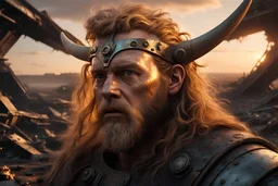 oil portrait of a ultrarealistic 4k Viking anxiously emerges from a decay fallen starship ruins of decaying scrap metal, his golden-hued hair shimmering in the light sunset casts on the eerie crash site of an alien spaceship. The Viking's superbly crafted metallic face, shrouded in dim lighting, resonates with the tones of the brown monochrome palette. An outstanding piece of photorealistic art, renowned for its intricate detail and ultra-high resolution, it breathes l
