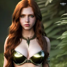 hyper realist, hyper detailed, stunningly beautiful teen girl, long ginger hair, green eyes, medium freckles, full lips, skimpy fantasy intricate leather armour, full body and head, c-cup breasts, aroused expression, centred camera, full frame, petite, centered camera