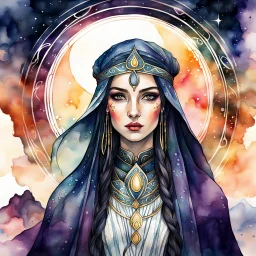 create an ethereal, darkly magical watercolor illustration of an epic female Andalusian sorceress with highly detailed and deeply cut facial features, in the style of CHARLES RENNIE MACKINTOSH