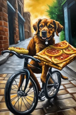 oil painting with a dog biking with a pizza