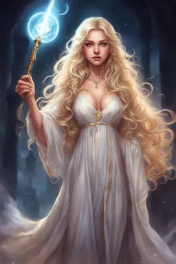 26-year-old sorceress, with long wavy blonde hair that fell over her shoulders, brown eyes, dressed in a long nightgown, carrying a luminous wand in her hand