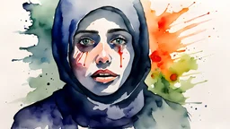 watercolor painting. Drug addiction. afraid. shadow. minimalist. Iran. watercolor Iran. hijab