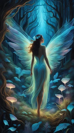Picture a fantastical scene featuring a woman with intricate, iridescent wings surrounded by a bioluminescent forest. Highlight the details of luminescent flora and fauna, creating a surreal and enchanting atmosphere