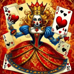 The Queen of Hearts, in a lavish red and gold gown with intricate patterns, a regal crown, and an angry expression, bursts dramatically from a playing card marked with a red 'Q' and hearts in each corner. Her form shifts from flat to 3D as she emerges, reaching menacingly toward a frightened Alice, who has blond hair flowing behind her as she flees in a blue dress with a white apron. The background blends card motifs with a whimsical, intense storybook atmosphere.