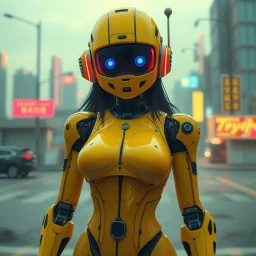 a feminine robot, yellow, dystopia, cyberpunk, neon, vintage anime