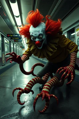 Horror Movie scene of a Clown centipede monster in the subway station, scary