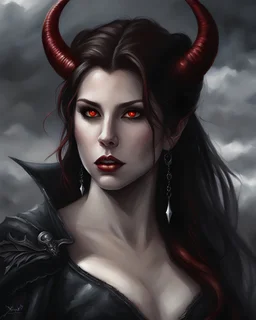 fantasy art, digital painting, Anna Kendrick as a beautiful succubus, in the clouds, smirking, hate filled ((glowing red eyes)), vampire fangs, long silky hair, beautiful face realistic face, ((white horns)), dread, wicked and evil, dark and gloomy atmosphere, close up, detailed, highres, fantasy, d&d, by Clyde Caldwell,