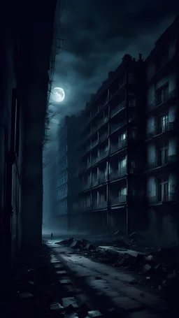 night past multi-storey buildings, there is silence all around, an eerie atmosphere, horror film style