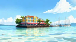 A vibrant, colorful illustration of a bustling waterfront building, partially submerged in shallow, crystal-clear waters, with ripples and subtle reflections on the surface, surrounded by lush greenery and a few sailboats or boats docked at the shore, capturing the essence of a lively, tropical scene.