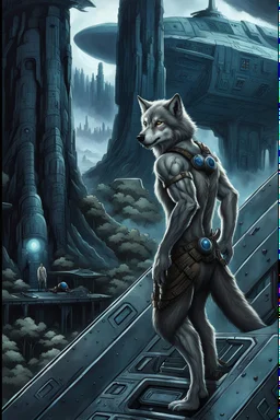 front an anthropomorphic hairy wolf-man standing on spaceship's ramp on alien land and looking at the camera, around big white-blue fog and the spaceship's ruins . His gaze is directed towards the rain-soaked landscape, which is filled with towering trees with massive trunks. In background back him the spaceship and big fog. The atmosphere is a seamless blend of sci-fi and dark fantasy mood