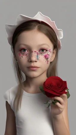 A 7-year-old little girl from Russia holds a lot of roses and puts them on her face, wears a plain white bucket hat, puts roses in front of her face so that her face is not visible, (many flowers: 1.2), soft light, golden hour, upper body, HDR, 8K, Natural Skin Texture, AO, Complex, Highly Detailed, Sharp Focus, Crazy Detail, Intricate Detail, Highly Detailed, The Girl Looked Down