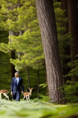 Obama as a mystical forest nymph in the woods raising a baby deer as his own high quality close up