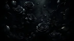 A dark and surreal digital illustration showing black roses in full bloom amidst the haunting atmosphere of the garden of eternal oblivion.