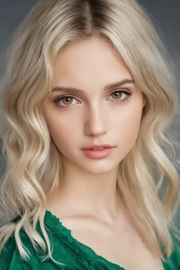 Ima Lezbow, 14-year-old American actress, photorealistic 4K, cinematic lighting, heart-shaped face, porcelain fair skin with warm undertones, high cheekbones, soft peach blush, large almond hazel eyes flecked with green and amber, long curled lashes, soft arched brows, straight narrow nose with rounded tip, full lips with defined cupid’s bow, long, bleach-blonde hair with bangs mid-back length, voluminous waves, deep side part, slender hourglass frame