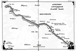 a scan of an ancient Cree road map of a fictional place, printed black and white but has since been stained and weathered