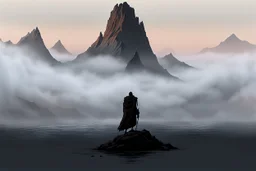 a single mountain rises out of a misty foreground shrouded in mist. The top peak of the mountain sticks into a dull sun. cinematic lighting, artstation, grim mood, looking up camera angle