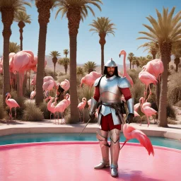 [high res photo by Gilligans Island] In the dazzling city of Las Vegas, clad in his worn armor that sparkles under the desert sun, Don Quixote, his tourney lance in hand, finds himself in a most curious setting—a pink swimming pool teeming with flamingos and bananas, ready to fight, in dust, rust and blood, him body is covered with leather combat belts