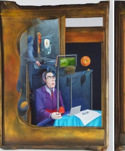 full body person, gadget, surrealism, oil painting, two screens, academic painting