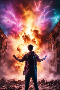 Young man standing, with arms raised, in front of a building that is exploding at night, with coloured auras and lightning around him