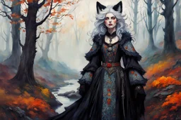 full body, close up fantasy portrait, of a cool female silver fox goth , with highly detailed hair and facial features, in a flowing, ornate peasant dress in a foggy, otherworldly, mystical and enchanted forest ,in the painting style of Egon Schiele, Arthur Streeton and Peter Wileman in vibrant autumnal colors