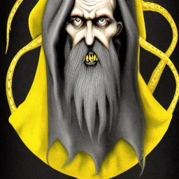 Nosferatu with yellow eyes with fleshy tentacle hair beard grey skin and fangs as a Russian Orthodox