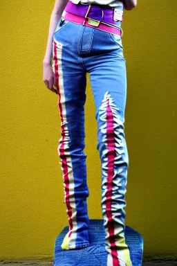 Photograph of a woman. Low waist jeans! bright blue jean,baggy, 1996!Huge plant prints on denim,terracotta,cream,purple,lilac. Cream colored latex parts. imperial yellow, red plum stripes, only on the top half of t-shirt. European daft punk woman. Mantle is sewed of recycled Denim and sewed together of recycled polymer felt. lace, Yellow(Munsell) areas. hint of orange as effect color!!Big bright purple/khaki felt tippet and cream or blue or lilac colored-hood. mantle is merged with cobalt bole