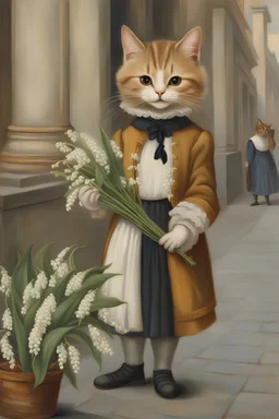 Painting of 1 anthropomorphic dressed female cat selling lily-of-the-valley in Vienna