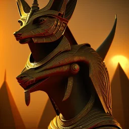 A portrait post-apocalypse of Jackal Egyptian God Anubis ,in a sin city pyramid, sci-fi fantasy style, volumetric lighting, particales,highly detailed,cinamatic,8k,3D,fire and black deep colours,ignore NSFW.